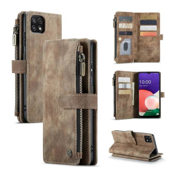 Compatible With Samsung Galaxy A22 5G Case Wallet Magnetic Flip Zipper And Card Holder Brown Cases Covers & Skins