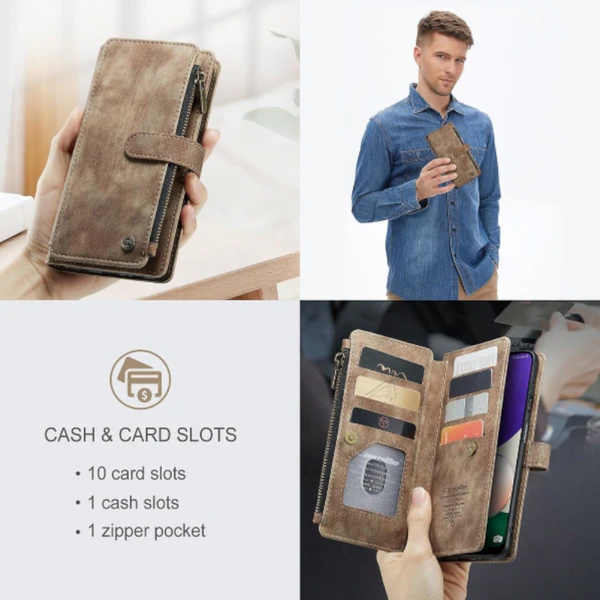 Compatible With Samsung Galaxy A22 5G Case Wallet Magnetic Flip Zipper And Card Holder Brown Cases Covers & Skins