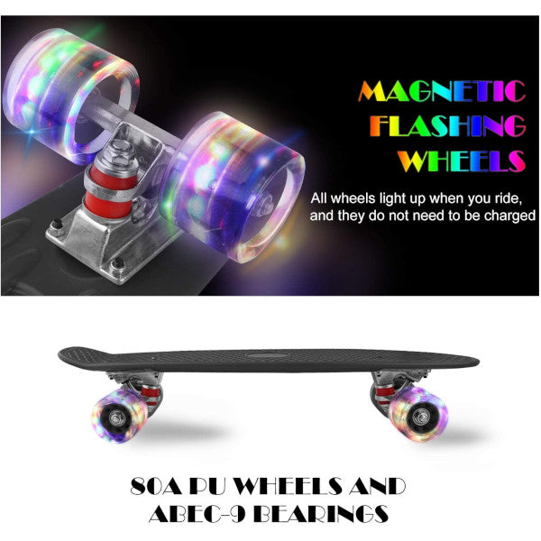 Complete 22Inches Skateboard For Beginners Kids Girls Boys Plastic Banana Board With Colorful Led Wheels Black