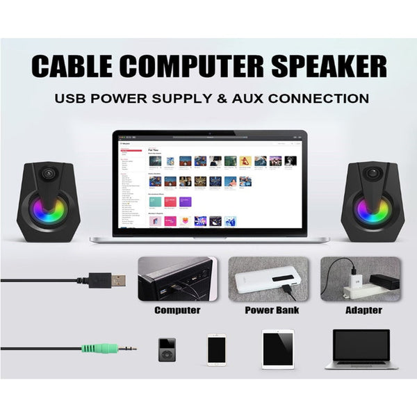 Computer Speakers Pc 2.0 Usb Powered Stereo Volume Control With Led Light Mini Portable Gaming 3.5Mm