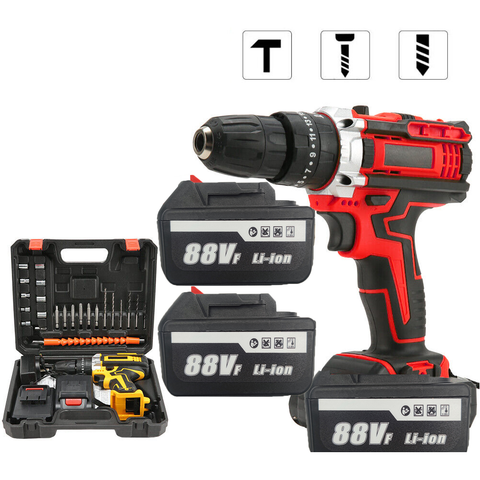 Cordless Drill W/2 Battery Heavy Duty Impact Driver Kit Brushless Hammer Set 88V Cordless Drills