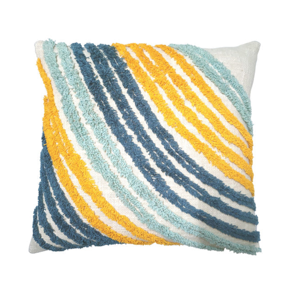 Status Collections Cream Cushion With Blue/Yellow Tufted Stripes 45X45cm Cushions & Decorative Pillows