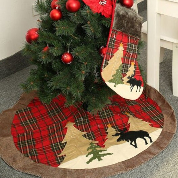 Creative Christmas Series Plaid Print Applique Mat Round Xmas Tree Decoration Floor Pad Multi