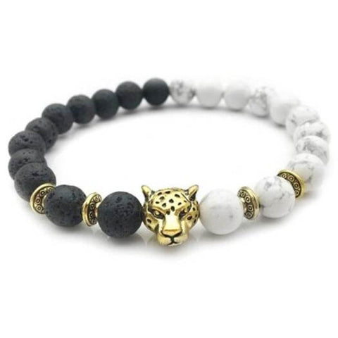 Veile Studios 8Mm White Black Ball Stone Volcanic Lava Beads Gold Leopard Head Charm Bracelet Bracelets