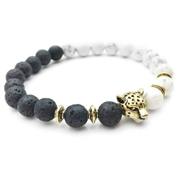 Veile Studios 8Mm White Black Ball Stone Volcanic Lava Beads Gold Leopard Head Charm Bracelet Bracelets