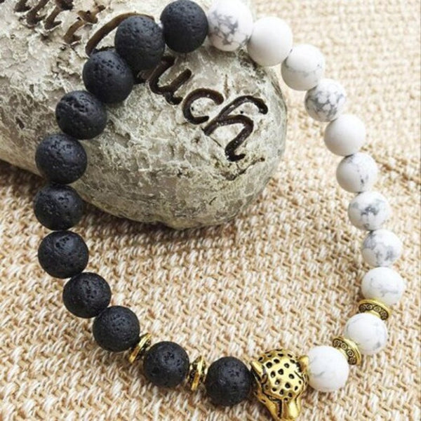 Veile Studios 8Mm White Black Ball Stone Volcanic Lava Beads Gold Leopard Head Charm Bracelet Bracelets