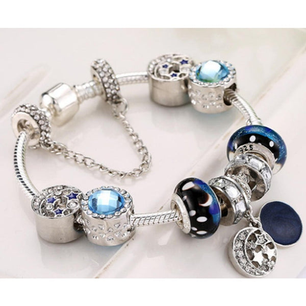 Veile Studios Creative Fashion Blue Starry Glass Beads Stars Moon Pendant Jewelry Bracelets
