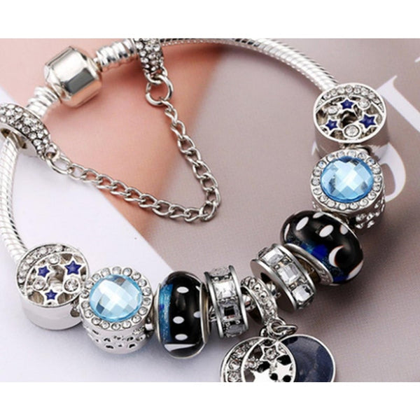 Creative Fashion Blue Starry Glass Beads Bracelets Stars Moon Pendant Jewelry