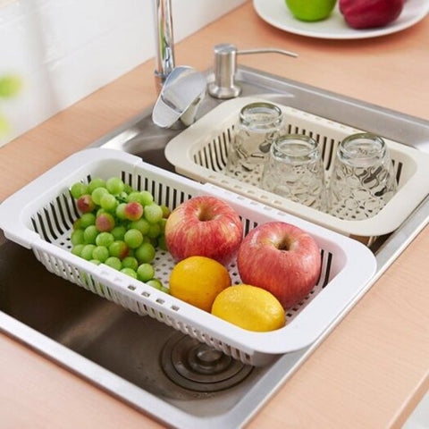 Creative Kitchen Retractable Sink Drain Rack Multi Function Plastic Filter Water Basket Beige