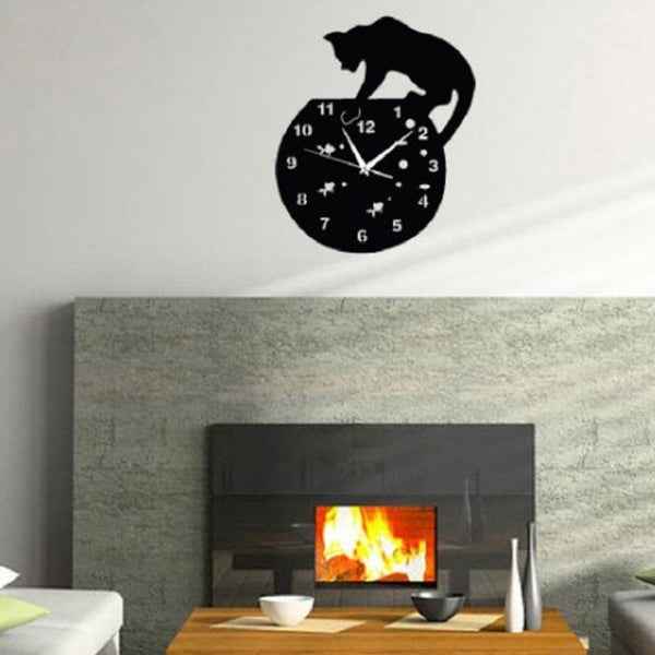 Creative Kitten Wall Clock Three Dimensional Acrylic Black