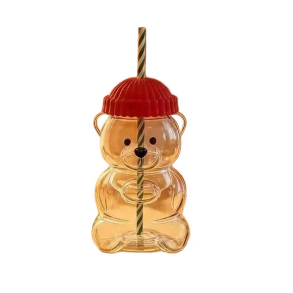 Creative Bear Shape Glass Water Bottle With Straw Cute Cartoon Coffee Cup And Cold Drink Tumbler Red Hat Edition Water Bottles & Vacuum Flasks