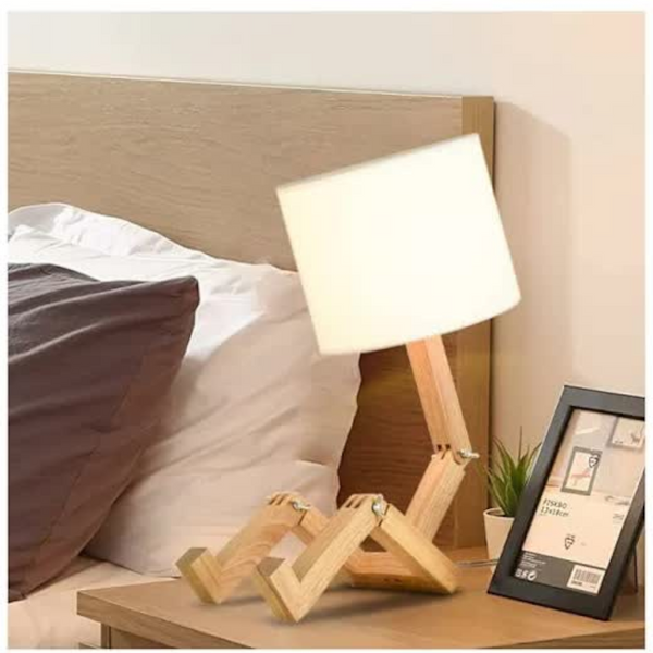 Creative Robot Table Lamp Height Adjustable Can Hold Books Wooden Bedside Fabric Shade E27 Screw Base Decorative Lighting. Lamps