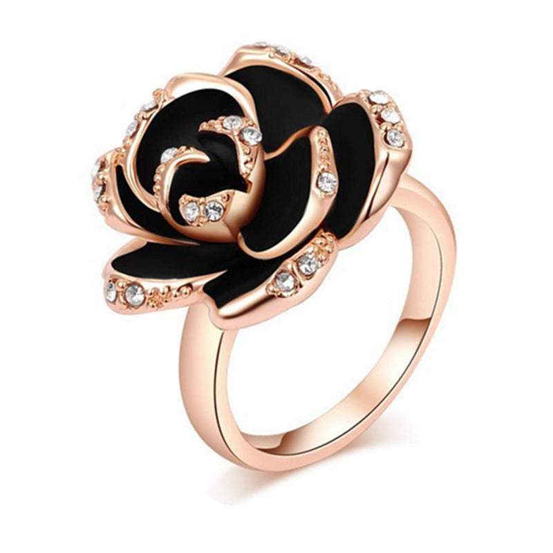 Veile Studios Elegant Black Rose Shaped Crystal Women Gold Jewellery Rings