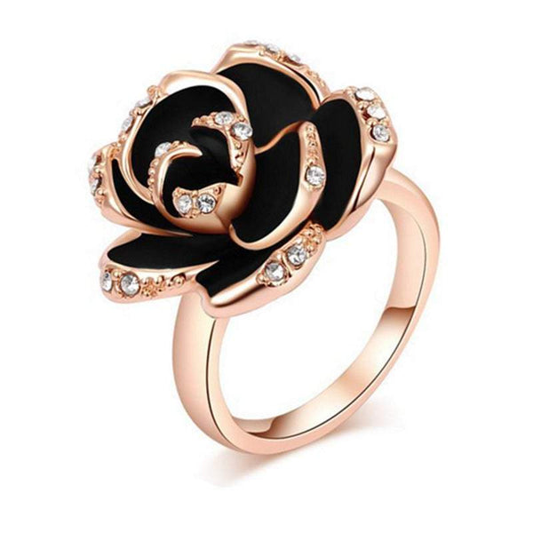 Veile Studios Elegant Black Rose Shaped Crystal Women Gold Jewellery Rings