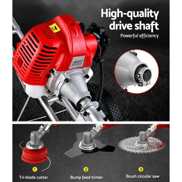 Giantz 62Cc Petrol Brush Cutter Whipper Saw Trimmer Stroke 3 In 1 Wheel String Trimmers