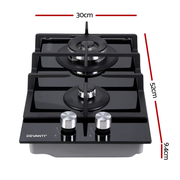 Devanti Gas Cooktop 30Cm Stove Cooker 2 Burner Top Konbs Ng Lpg Black Cooktops