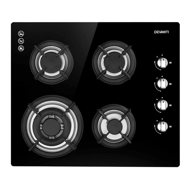 Devanti Gas Cooktop 60Cm 4 Burner Glass Top Cooker Stove Hob Ng Lpg Black Cooktops