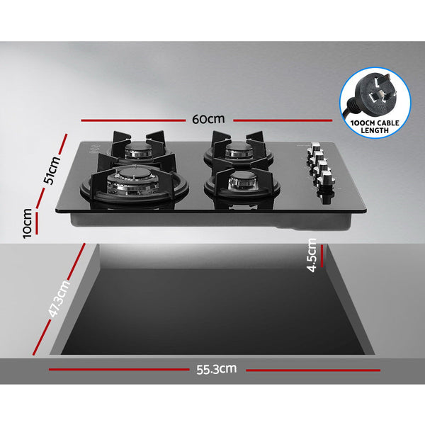 Devanti Gas Cooktop 60Cm 4 Burner Glass Top Cooker Stove Hob Ng Lpg Black Cooktops