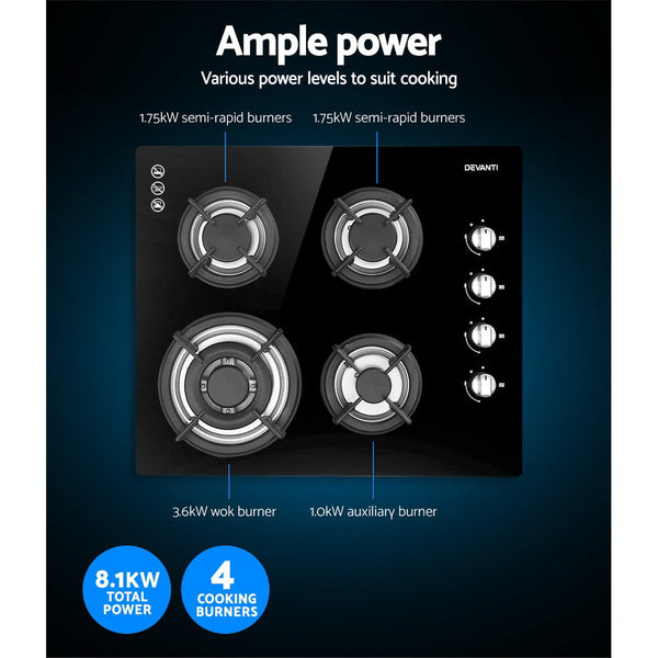 Devanti Gas Cooktop 60Cm 4 Burner Glass Top Cooker Stove Hob Ng Lpg Black Cooktops