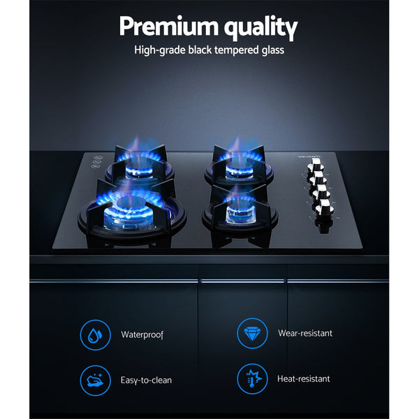 Devanti Gas Cooktop 60Cm 4 Burner Glass Top Cooker Stove Hob Ng Lpg Black Cooktops