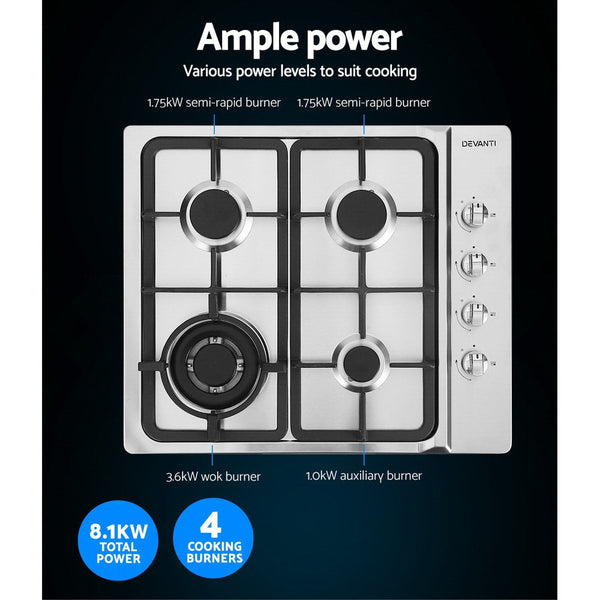 Devanti Gas Cooktop 60Cm Kitchen Stove 4 Burner Top Ng Lpg Stainless Steel Silver Cooktops