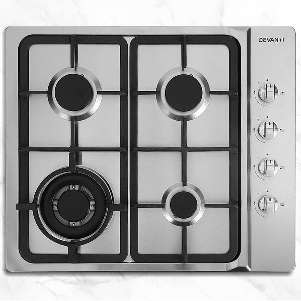 Devanti Gas Cooktop 60Cm Kitchen Stove 4 Burner Top Ng Lpg Stainless Steel Silver Cooktops