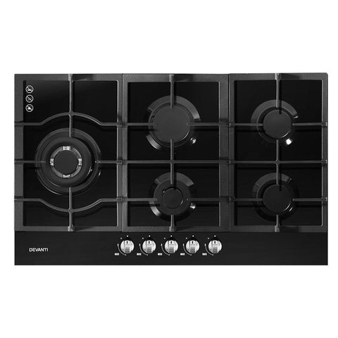 Devanti Gas Cooktop 90Cm 5 Burner Stove Hob Cooker Kitchen Ng Lpg Black Glass Cooktops