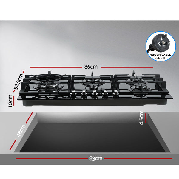 Devanti Gas Cooktop 90Cm 5 Burner Stove Hob Cooker Kitchen Ng Lpg Black Glass Cooktops