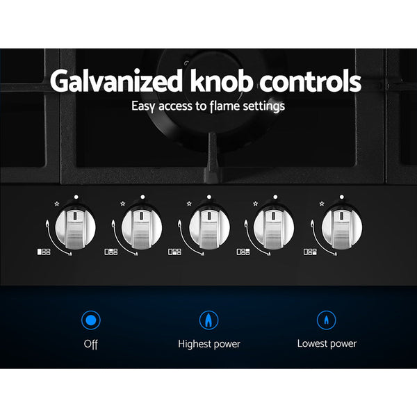 Devanti Gas Cooktop 90Cm 5 Burner Stove Hob Cooker Kitchen Ng Lpg Black Glass Cooktops