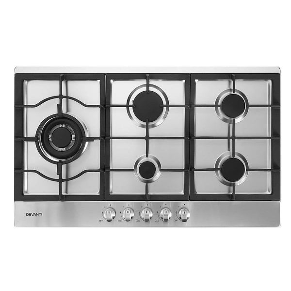 Devanti Gas Cooktop 90Cm Kitchen Stove Cooker 5 Burner Stainless Steel Ng/Lpg Silver Cooktops