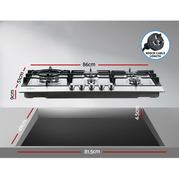 Devanti Gas Cooktop 90Cm Kitchen Stove Cooker 5 Burner Stainless Steel Ng/Lpg Silver Cooktops