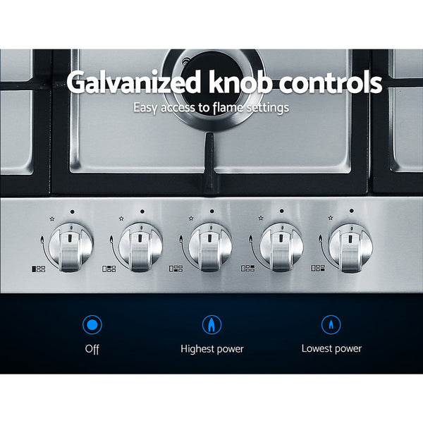 Devanti Gas Cooktop 90Cm Kitchen Stove Cooker 5 Burner Stainless Steel Ng/Lpg Silver Cooktops
