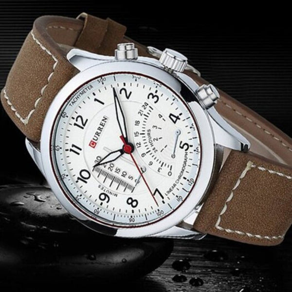 Veile Studios 8152 Men's Waterproof Matte Genuine Leather Quartz Watch Luminous Wristwatch Unique Timer Dial White Watches
