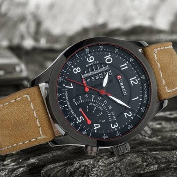 Veile Studios 8152 Men's Waterproof Matte Genuine Leather Quartz Watch Luminous Wristwatch Unique Timer Dial White Watches