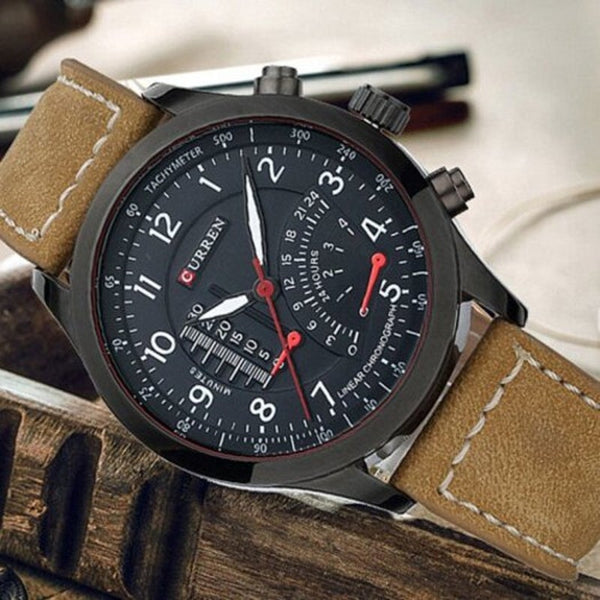 Veile Studios 8152 Men's Waterproof Matte Genuine Leather Quartz Watch Luminous Wristwatch Unique Timer Dial White Watches