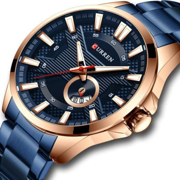 Veile Studios 8372 Men's Large Dial Water Resistant Quartz Watch Simple Calendar Lapis Blue Watches