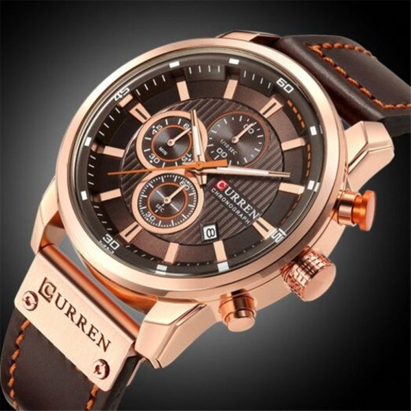 Veile Studios Male Quartz Watch Casual Chronograph Leather Strap Men Wrist Brown Watches