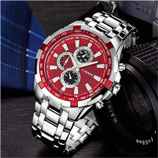 Veile Studios 8023 Men's Fashion Simple Stainless Steel Strap Quartz Watch Red Watches