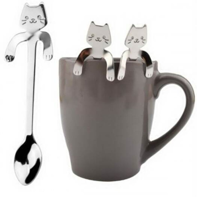 Cute Cat Pattern Flatware Long Handle Spoon Silver Spoons