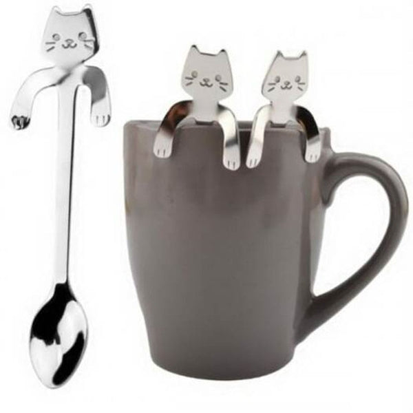 Cute Cat Pattern Flatware Long Handle Spoon Silver Spoons