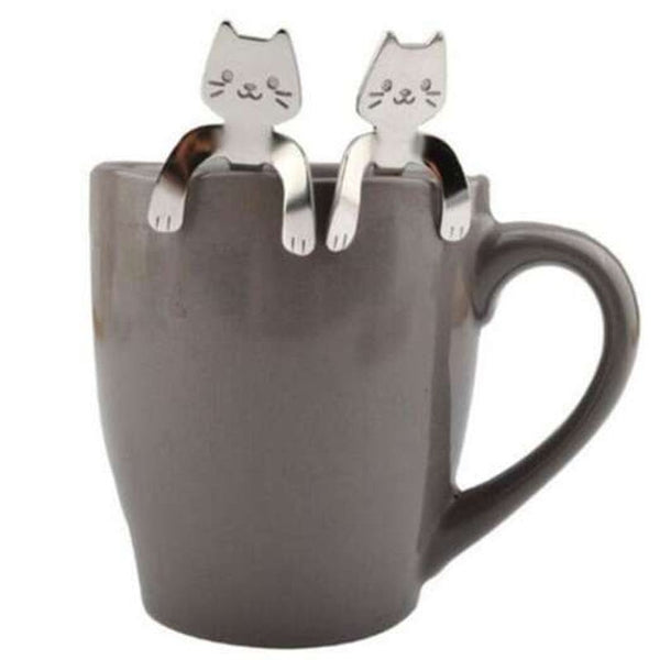 Cute Cat Pattern Flatware Long Handle Spoon Silver