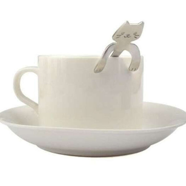 Cute Cat Pattern Flatware Long Handle Spoon Silver Spoons
