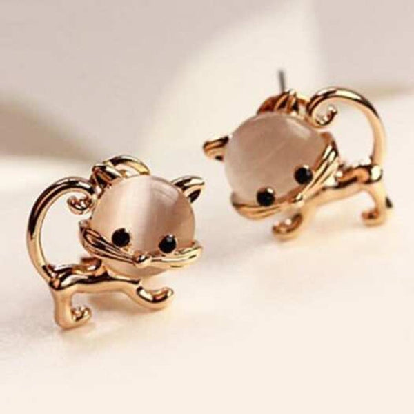 Veile Studios Cute Faux Opal Kitten Tiny Golden Earrings