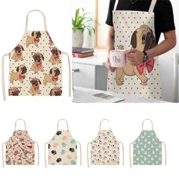 Cute Dog Printed Cotton Linen Kitchen Apron Aprons