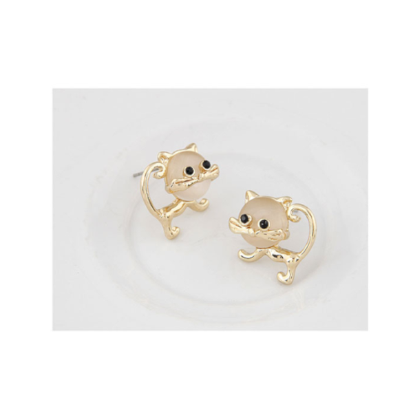 Veile Studios Cute Faux Opal Kitten Tiny Golden Earrings