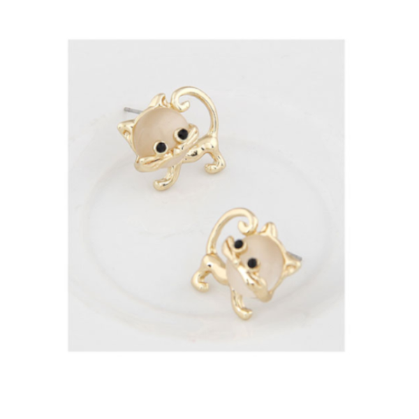 Veile Studios Cute Faux Opal Kitten Tiny Golden Earrings