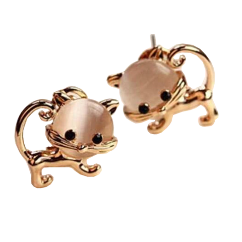 Veile Studios Cute Faux Opal Kitten Tiny Golden Earrings