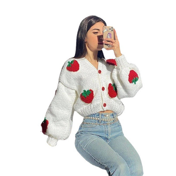 Cute White Strawberry Loose V Neck Cardigan Sweater For Women Jumpers & Cardigans