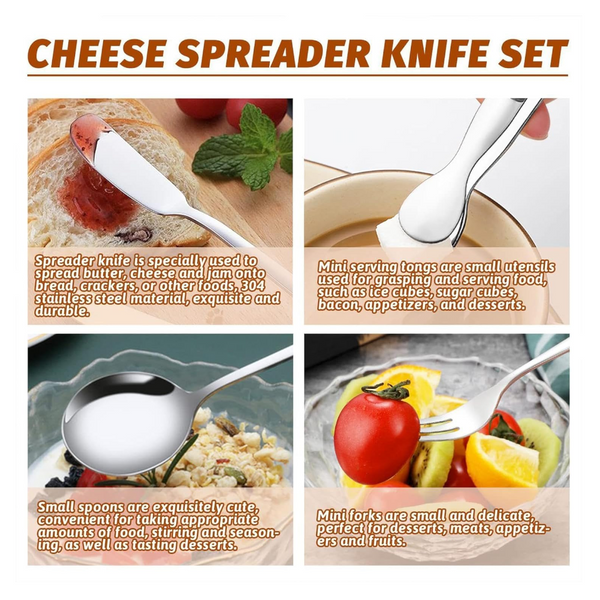 Cutlery Set 16 Piece Cheese Knife | Pastry Forks Oval Coffee Spoons Kitchen Tongs & Serving Stirring Cutlery Sets