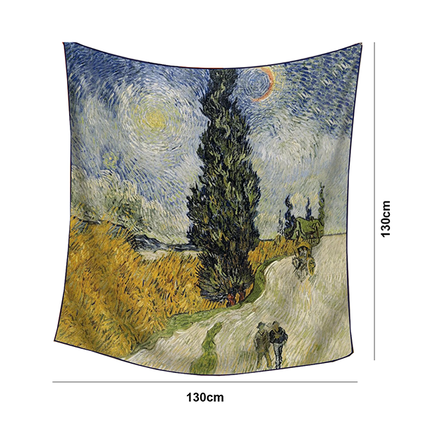 Cypress Tree With Starry Sky Elegant Artistry Shawl Large 130Cm Square Scarf Oil Painting Print & Hand Rolled Hem Scarves & Wraps